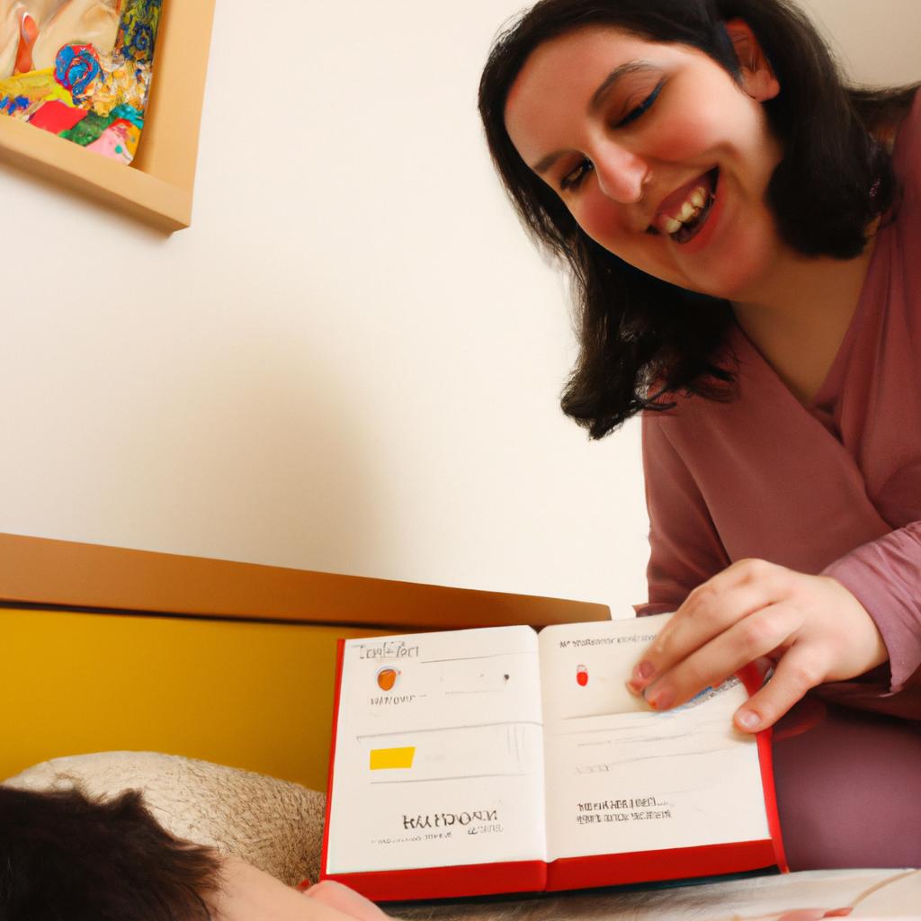 Parent reading Montessori book, smiling