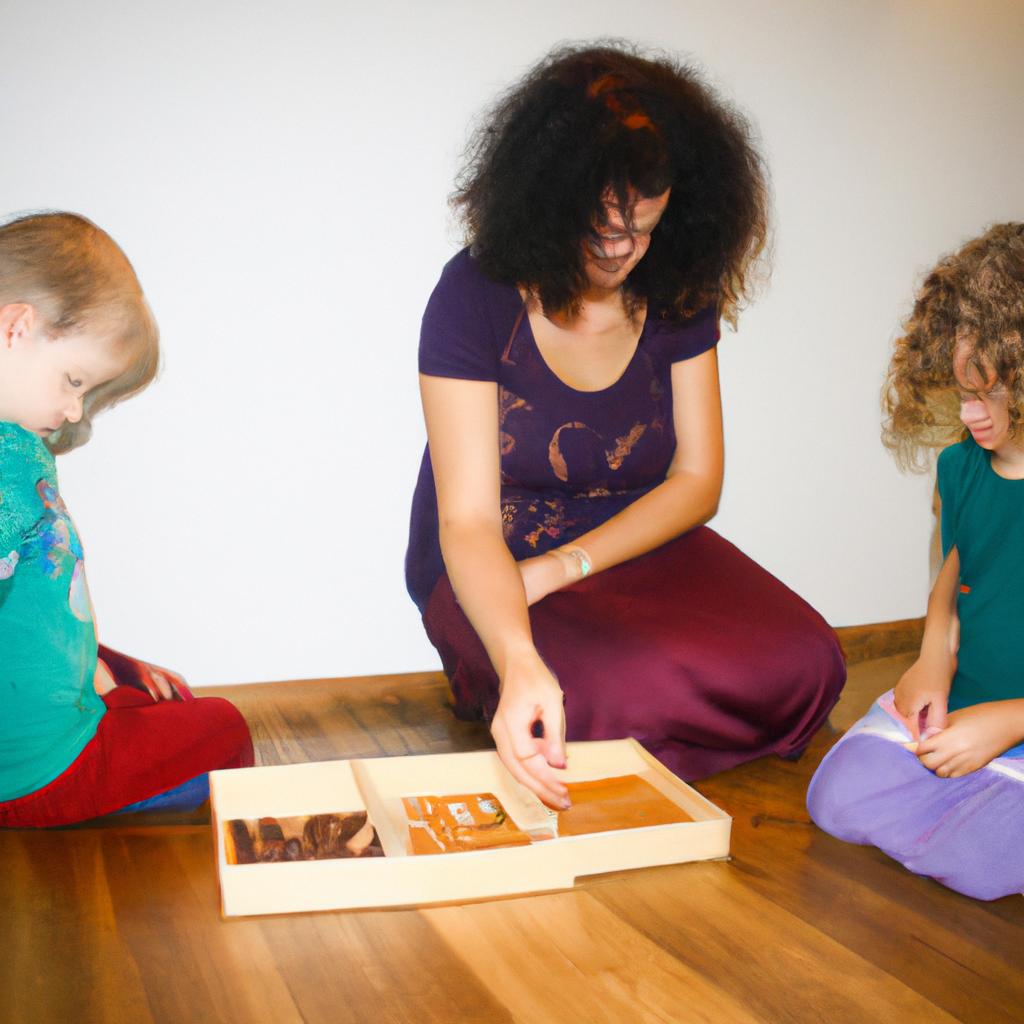 Woman teaching children with Montessori