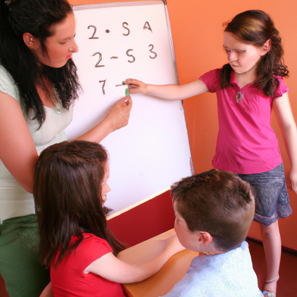 Woman teaching children math concepts