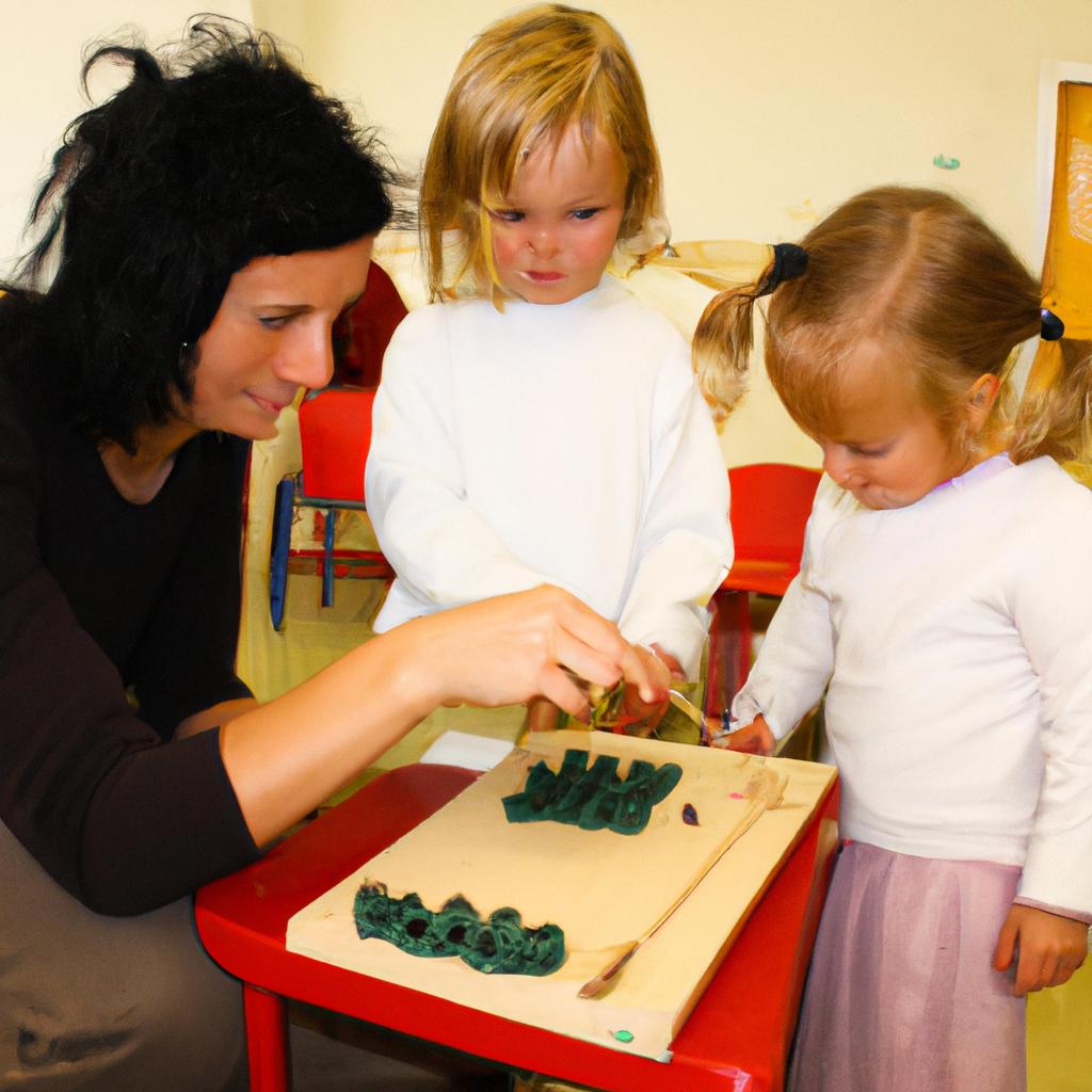 Teacher guiding students in Montessori
