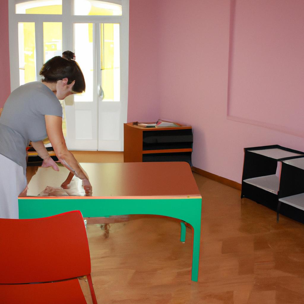 Person setting up Montessori classroom