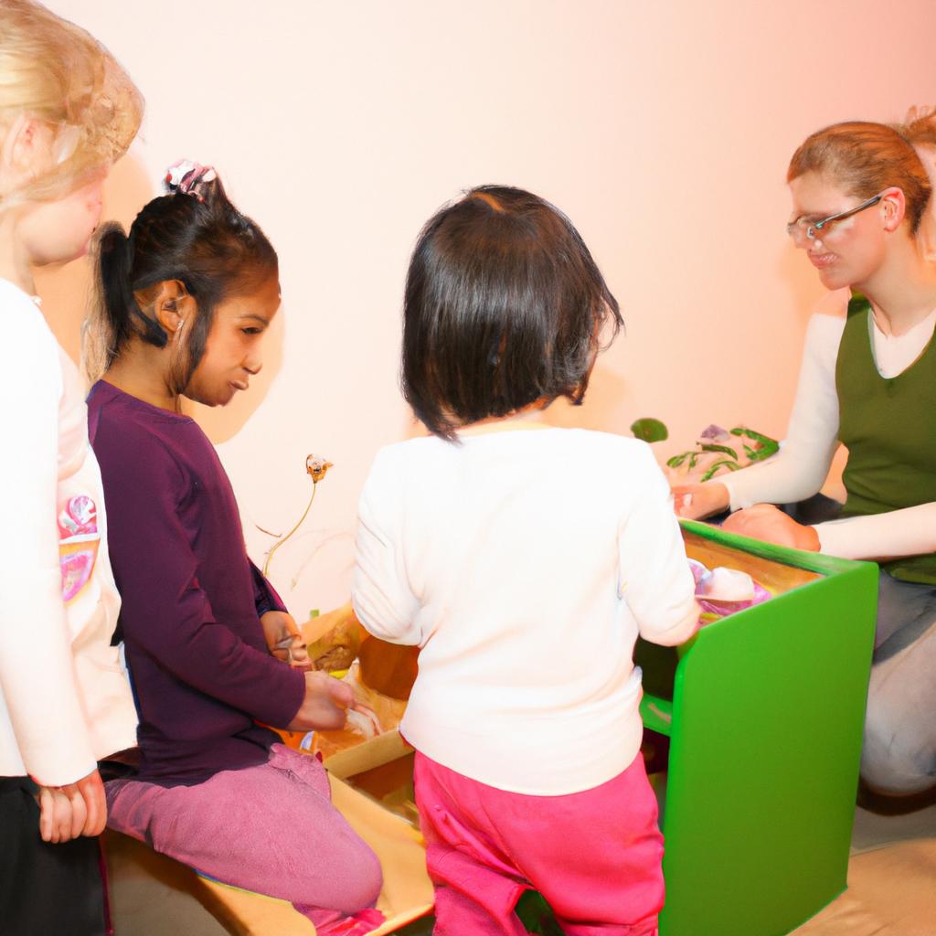 Montessori teacher guiding children's activities