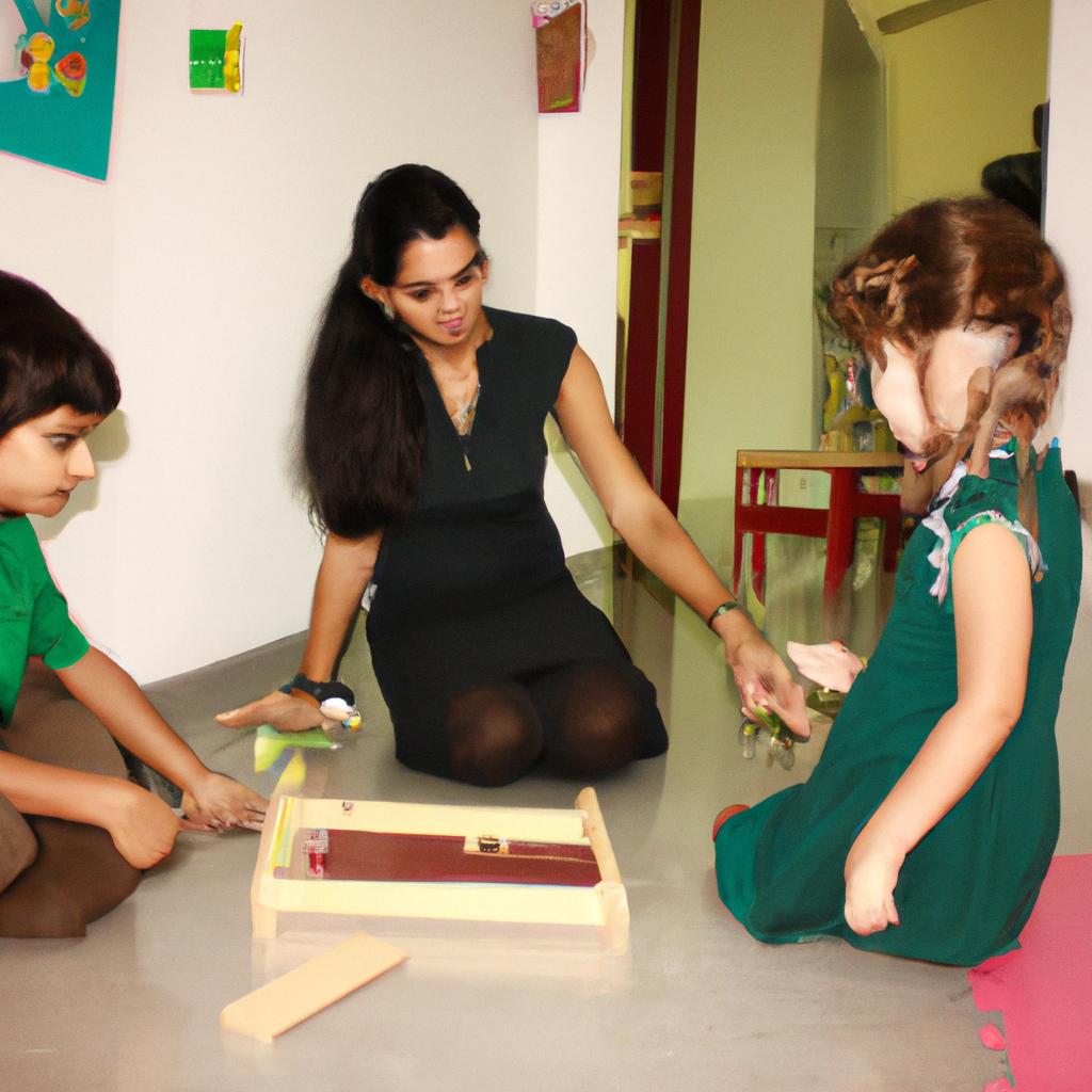Montessori teacher guiding students' activities