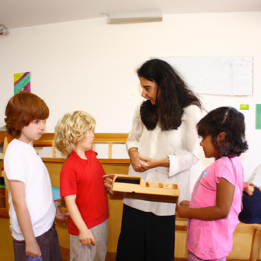 Montessori teacher guiding mixed-age students
